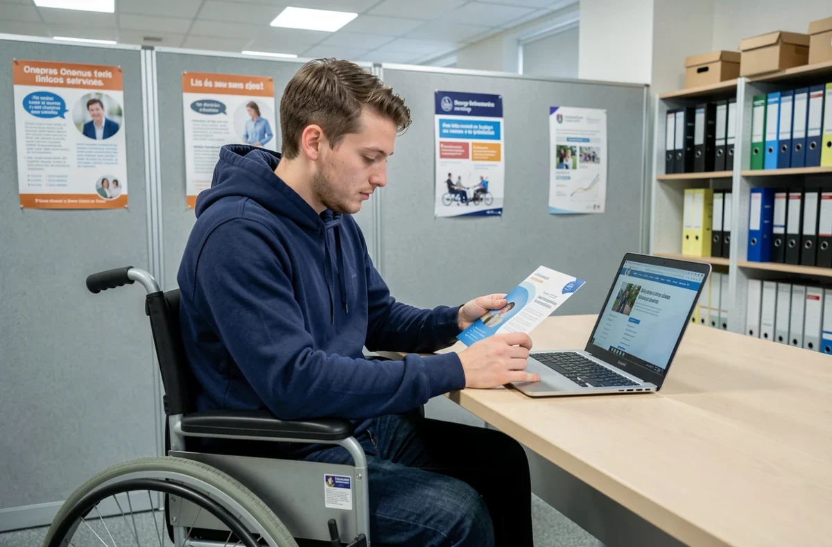 Homme en fauteuil roulant consultant les informations sur l'AAH 2026 dans un bureau d'assistance sociale