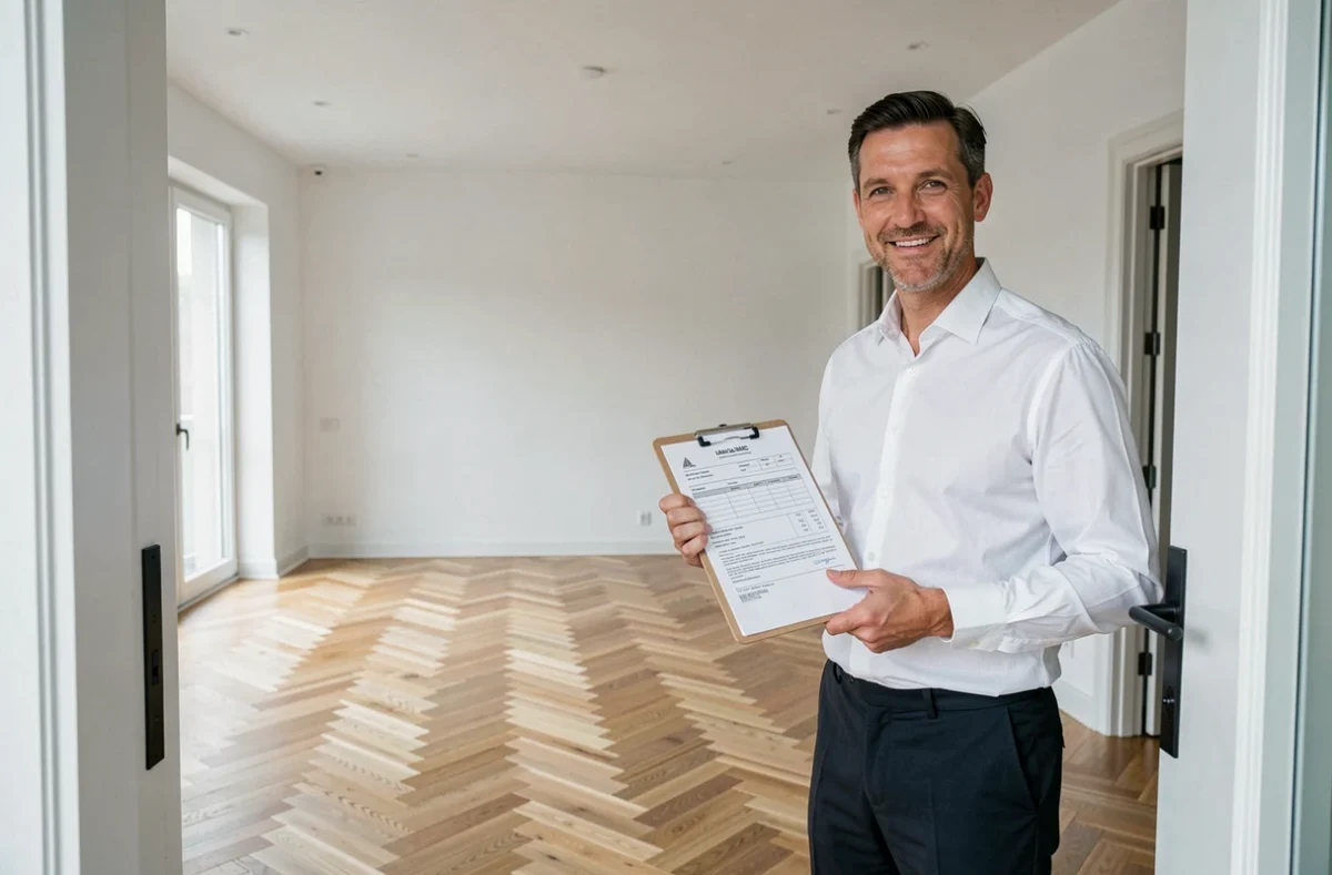 Agent immobilier tenant un contrat de location à l'entrée d'un appartement rénové avec parquet en chevrons et murs blancs