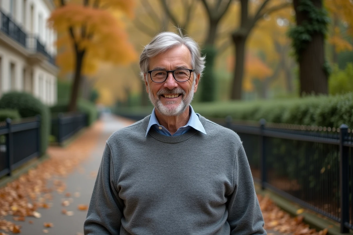 Homme distingué aux cheveux grisonnants se promenant dans un parc parisien en automne, illustrant la vie quotidienne et personnelle d'Alain Bauer