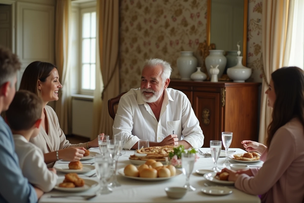 Scène de repas en famille dans une salle à manger française traditionnelle, évoquant la vie familiale et l'intimité personnelle d'Alain Bauer