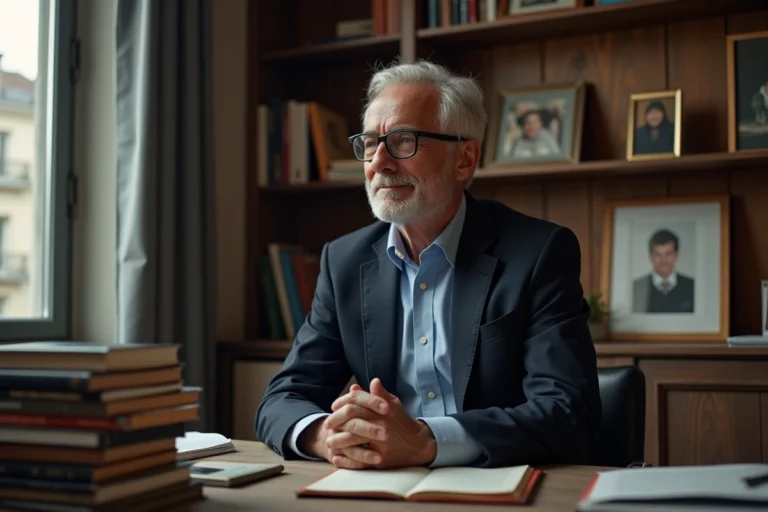 Portrait d'un homme mature dans un appartement parisien entouré de livres et de photos de famille, évoquant la vie privée d'Alain Bauer