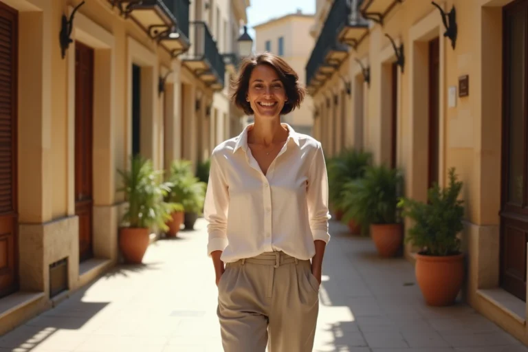 Femme souriante se promenant dans une rue historique de Montpellier avec façades en pierre calcaire et balcons fleuris
