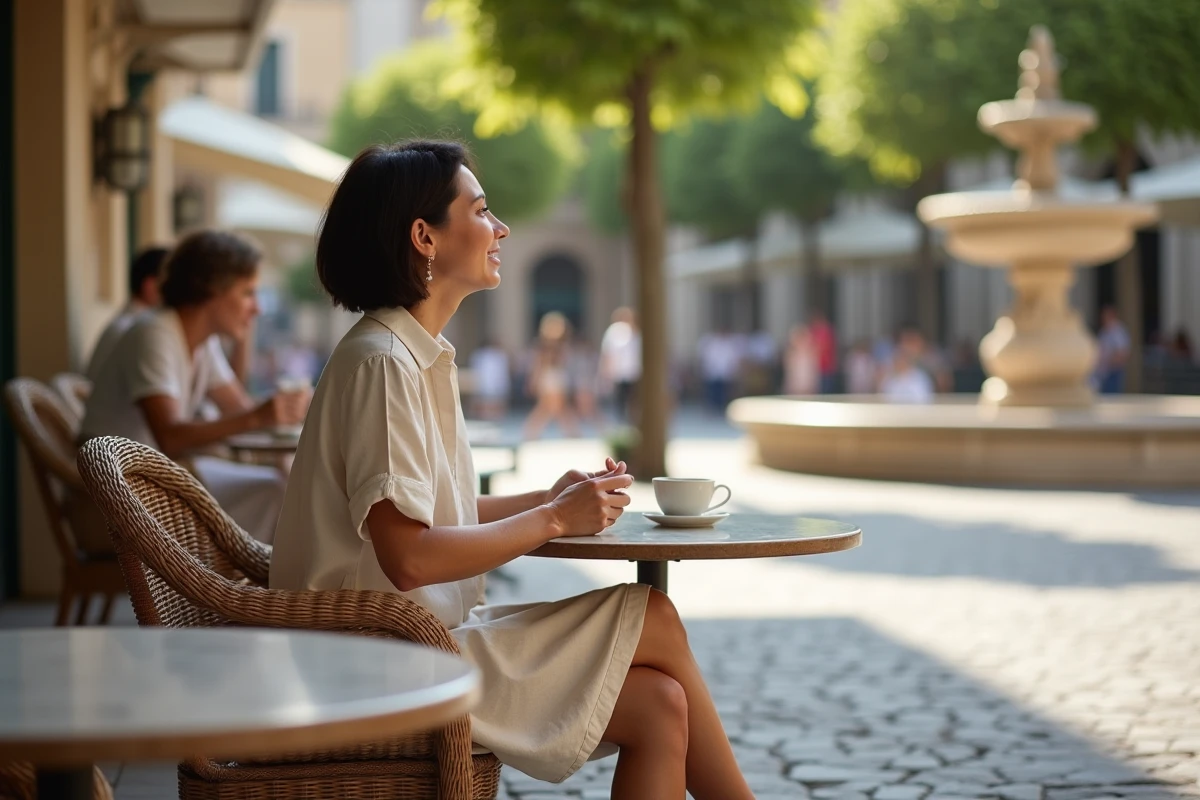 Femme attablée en terrasse de café à Montpellier avec une place animée et une fontaine en pierre en arrière-plan