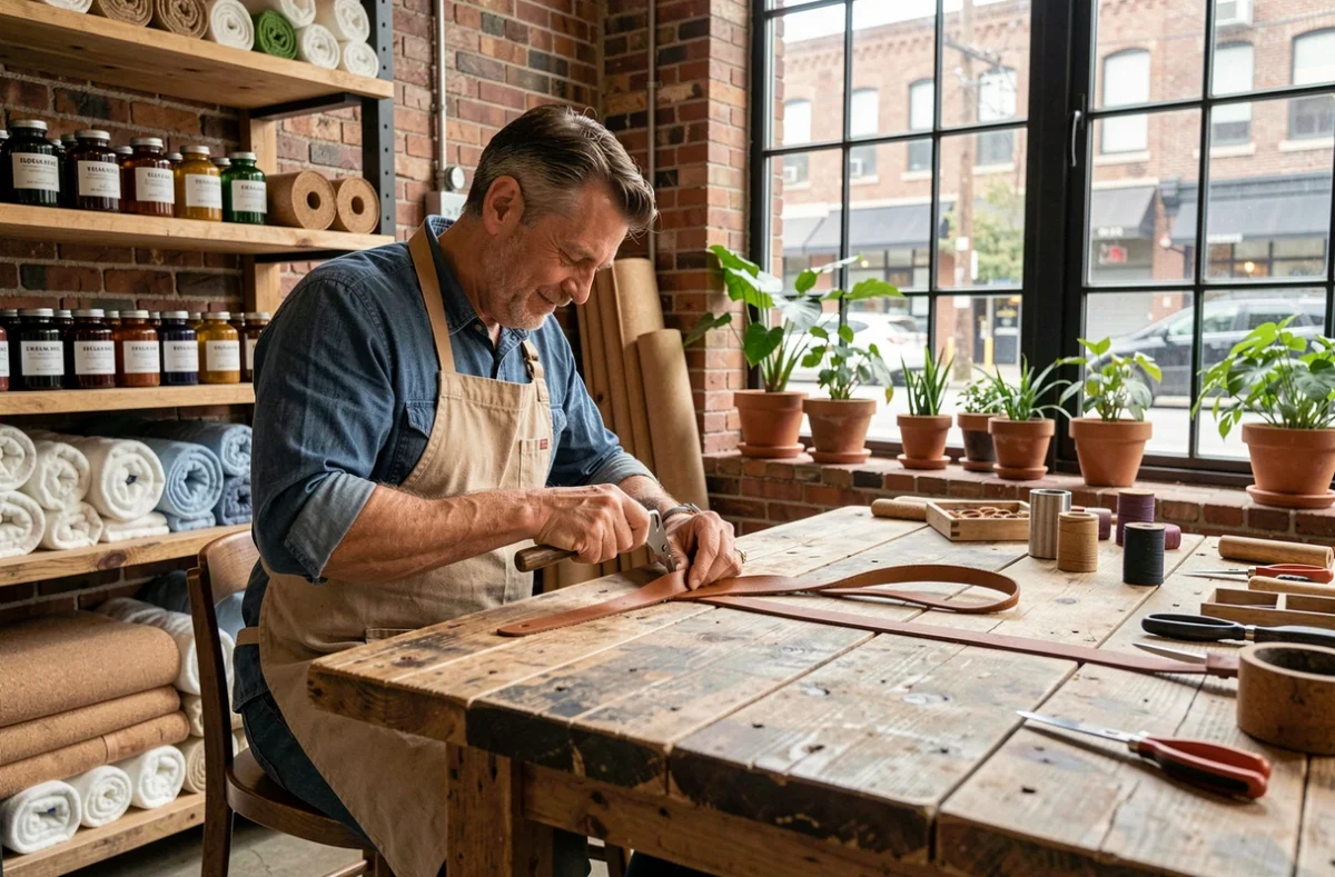 Artisan fabriquant des accessoires de mode éthique en atelier avec des matériaux durables et naturels