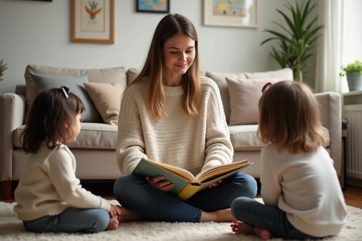 Assistante maternelle agréée lisant une histoire à plusieurs enfants en bas âge dans un cadre familial et accueillant