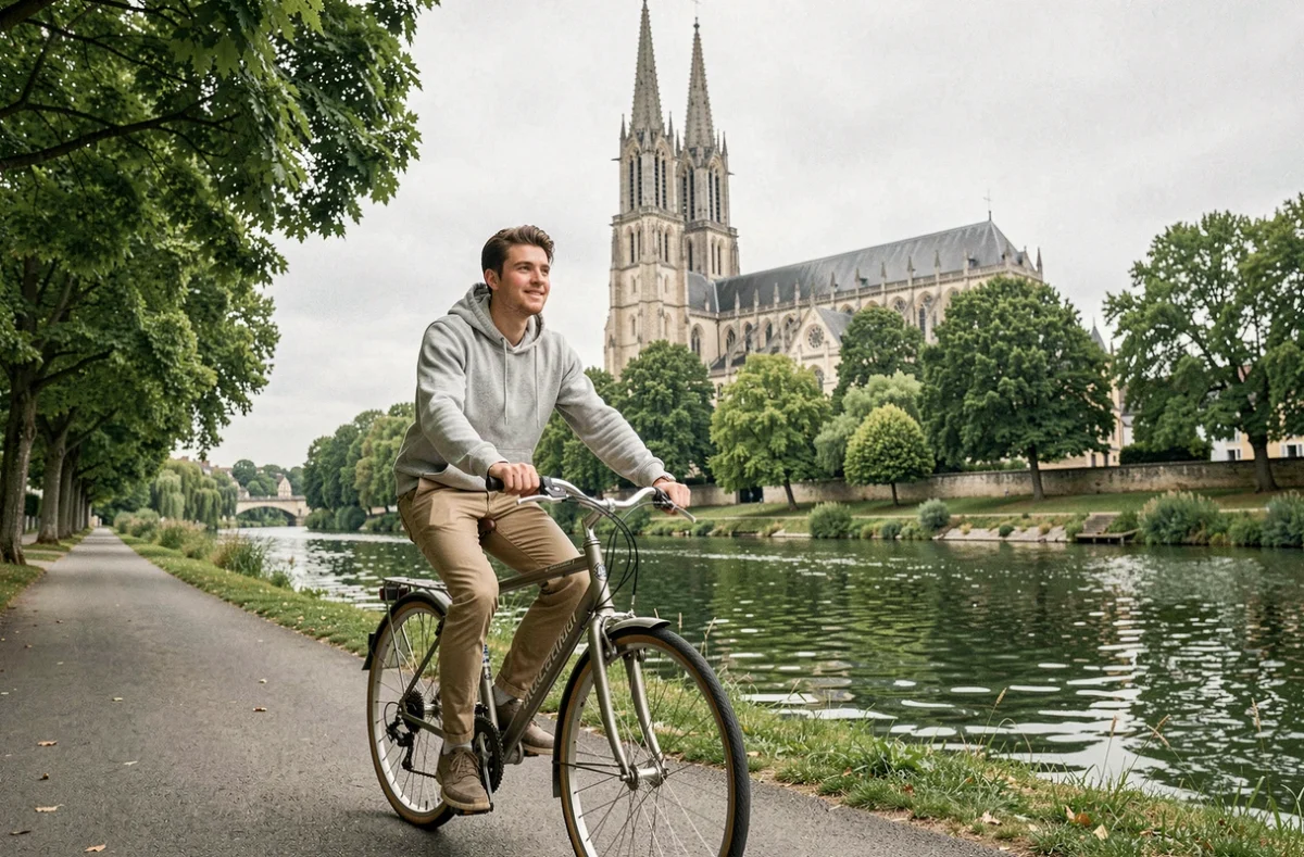 Un homme fait du vélo le long de la rivière Yèvre à Bourges avec la cathédrale Saint-Étienne et ses tours majestueuses visible en arrière-plan