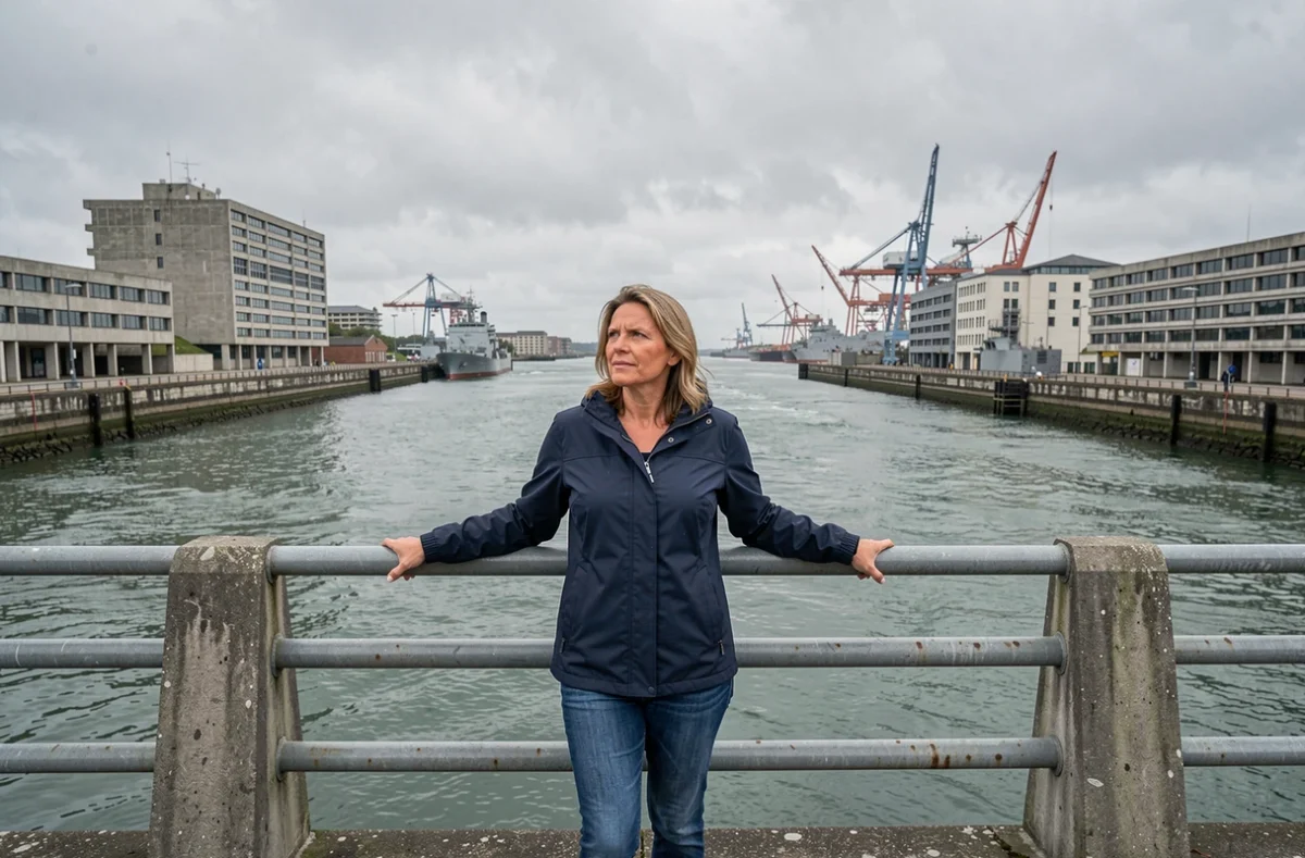 Une femme admire l'estuaire de la Penfeld depuis le pont de Recouvrance à Brest, avec le port militaire et les grues industrielles en arrière-plan