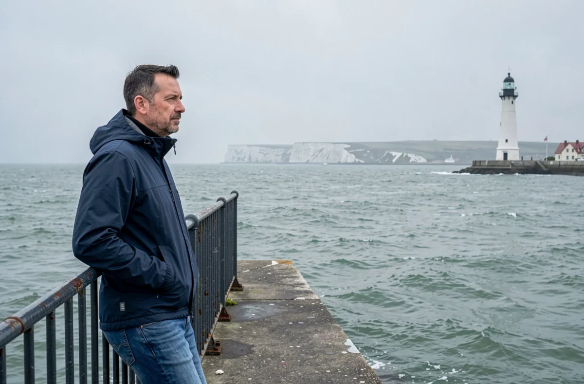 Un homme se tient sur la promenade du front de mer de Calais, regardant la Manche avec le phare et les côtes anglaises dans le lointain brumeux