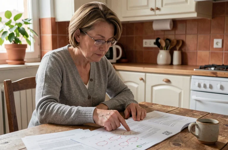 Femme consultant le calendrier des paiements AAH 2026 à domicile avec des documents administratifs