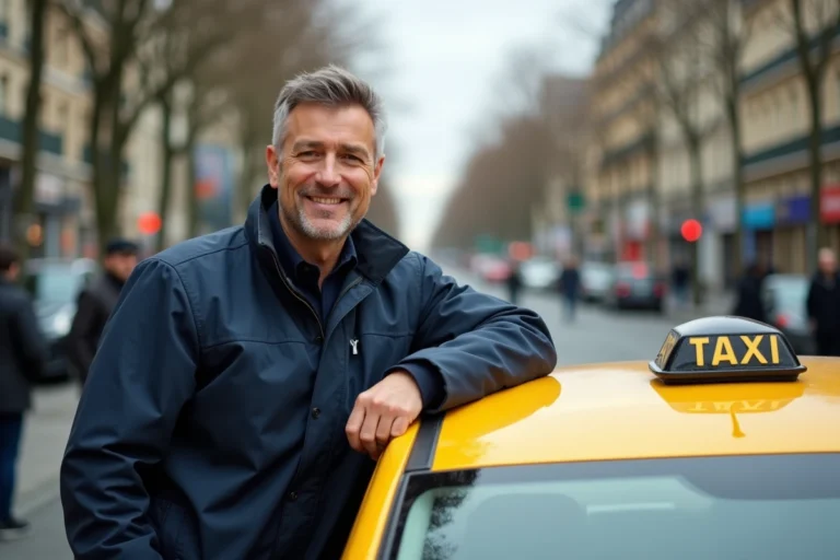 Homme chauffeur de taxi parisien souriant devant son taxi jaune