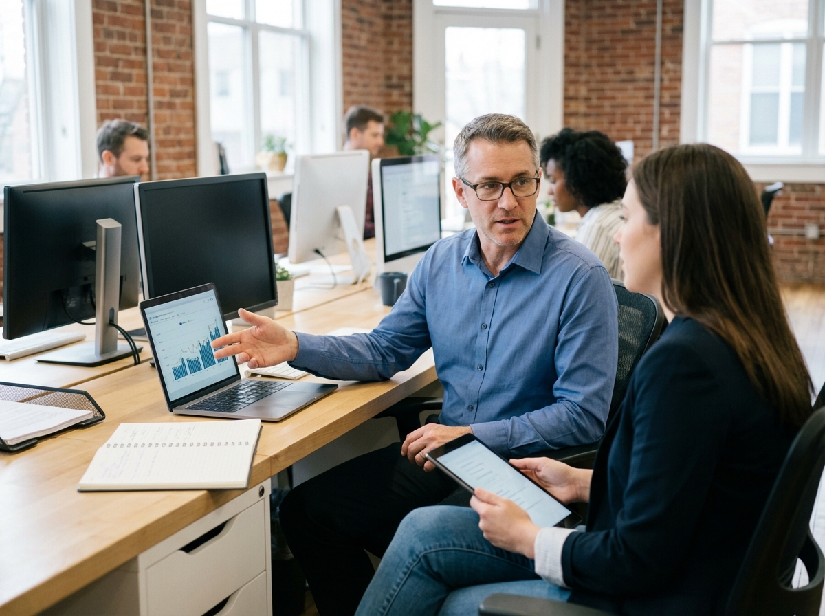 Comptable et entrepreneur discutent finances dans coworking