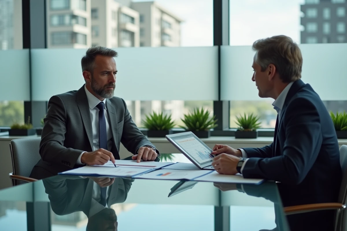Homme d'affaires consultant un conseiller financier pour optimiser son investissement immobilier en 2024