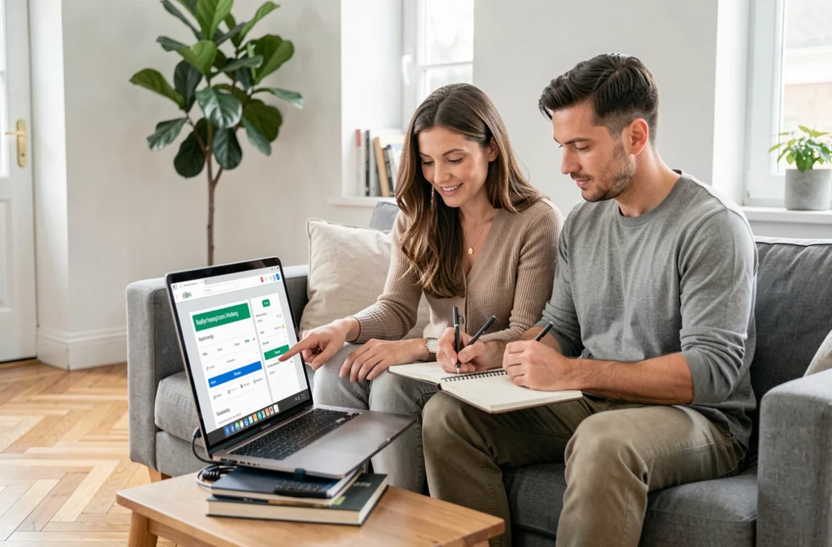 Couple choisissant une assurance immobilière en ligne ensemble dans leur salon