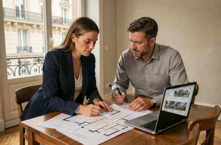 Couple d'investisseurs immobiliers examinant des documents et plans d'appartement sur une table en bois dans un appartement parisien moderne