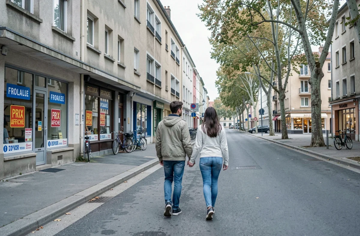 Jeune couple se promenant dans une rue résidentielle abordable d'une ville française