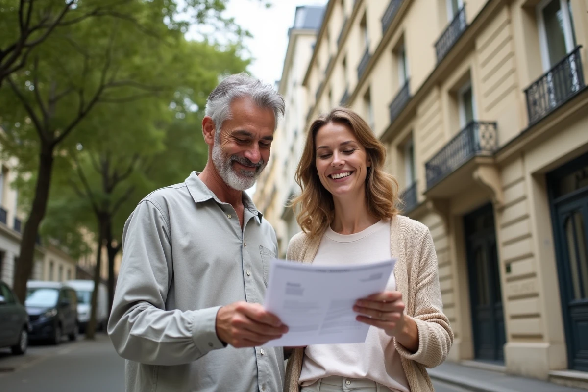 Couple visitant un immeuble haussmannien à Paris pour un projet d'investissement immobilier locatif
