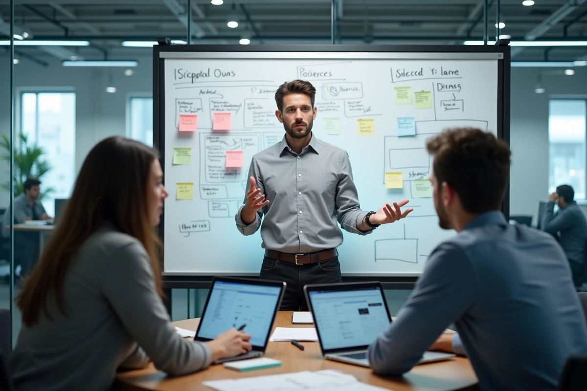 Designer UX présentant des maquettes de site web à son équipe dans une salle de réunion moderne, formation aux métiers du numérique