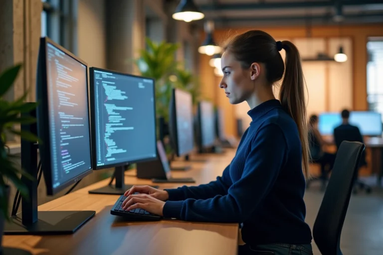 Jeune développeuse web concentrée sur son travail dans un open space moderne, illustration des métiers du numérique