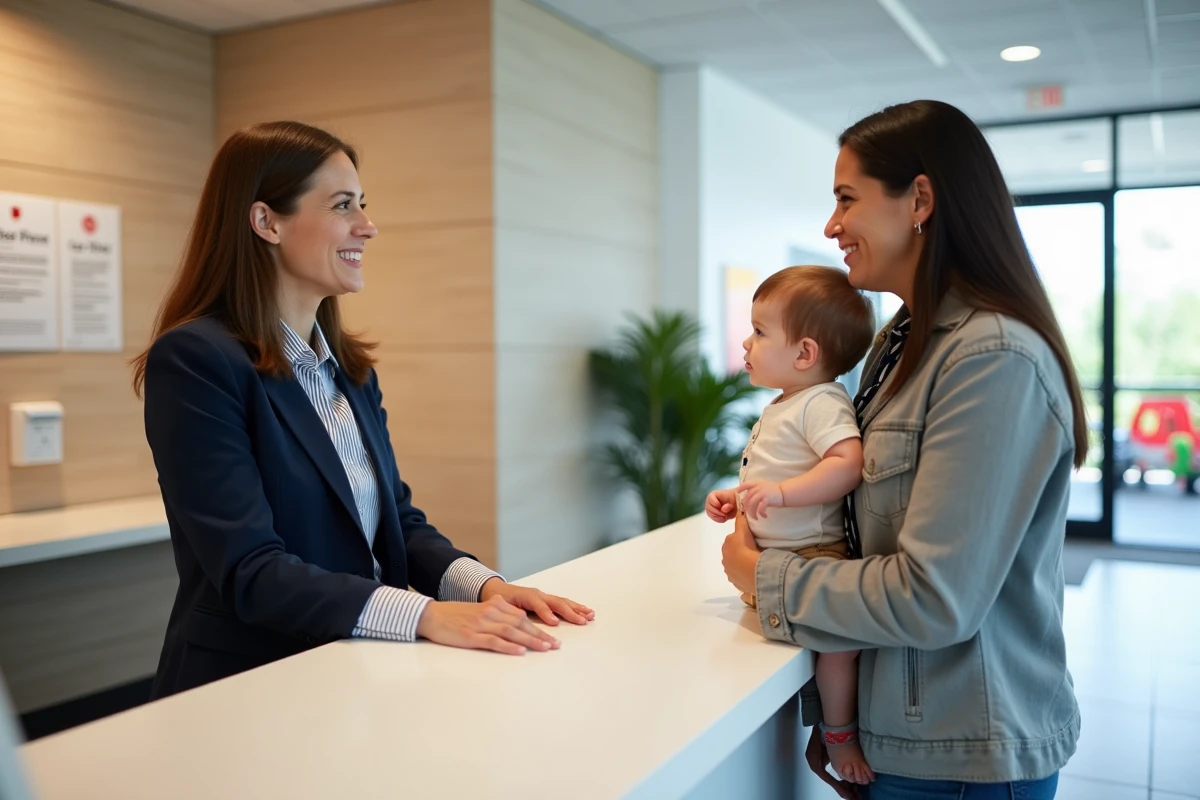 Directrice d'un établissement multi-accueil petite enfance accueillant une mère et son enfant à la réception d'une crèche moderne
