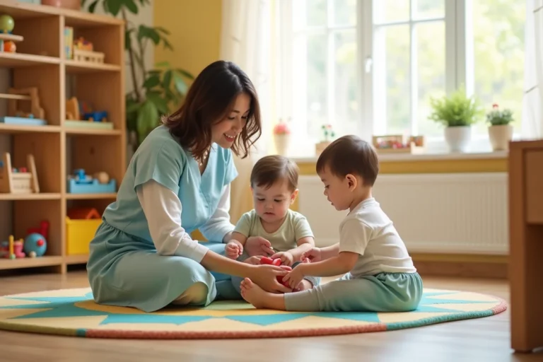 Éducatrice en crèche jouant avec des tout-petits sur un tapis coloré dans une salle d'accueil chaleureuse et bien équipée