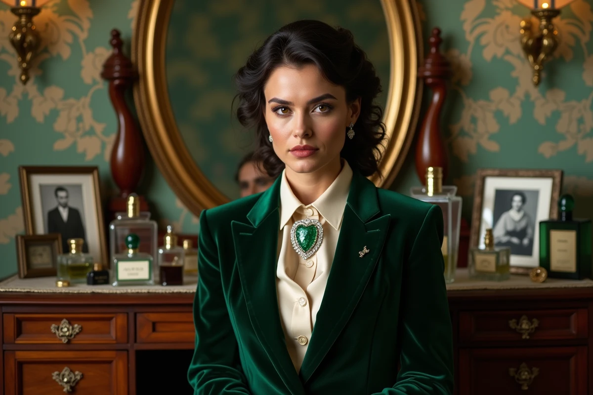Femme sophistiquée en veste de velours émeraude assise devant une coiffeuse ancienne ornée de bijoux et de photographies, rappelant l'intimité des coulisses de la vie d'Elizabeth Taylor