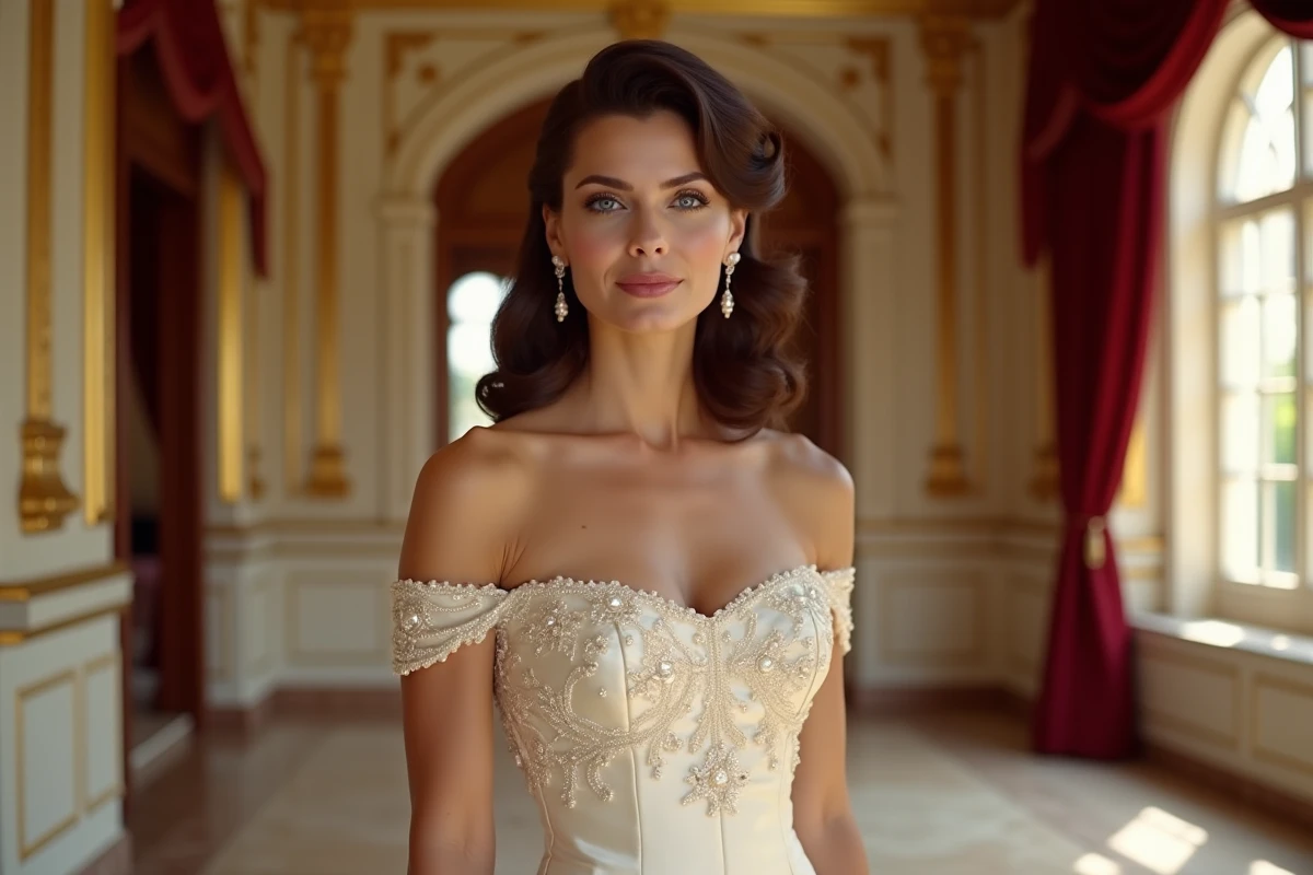 Femme élégante aux yeux violets vêtue d'une robe en soie ivoire dans un salon hollywoodien aux décors dorés, évoquant le glamour légendaire d'Elizabeth Taylor