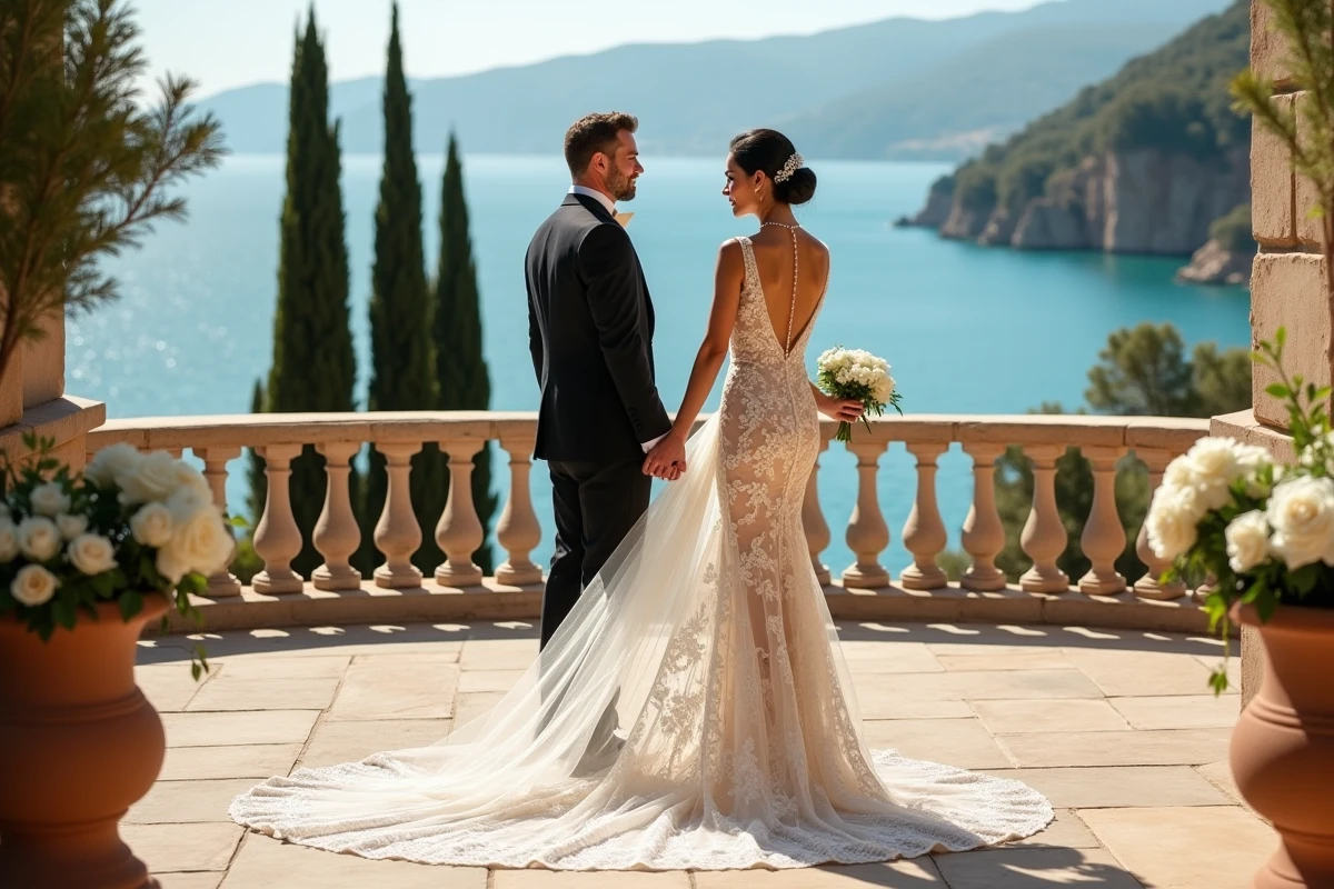 Couple élégant en tenue de mariage sur la terrasse d'une villa méditerranéenne avec vue sur la mer turquoise, illustration des mariages légendaires et du style inimitable d'Elizabeth Taylor