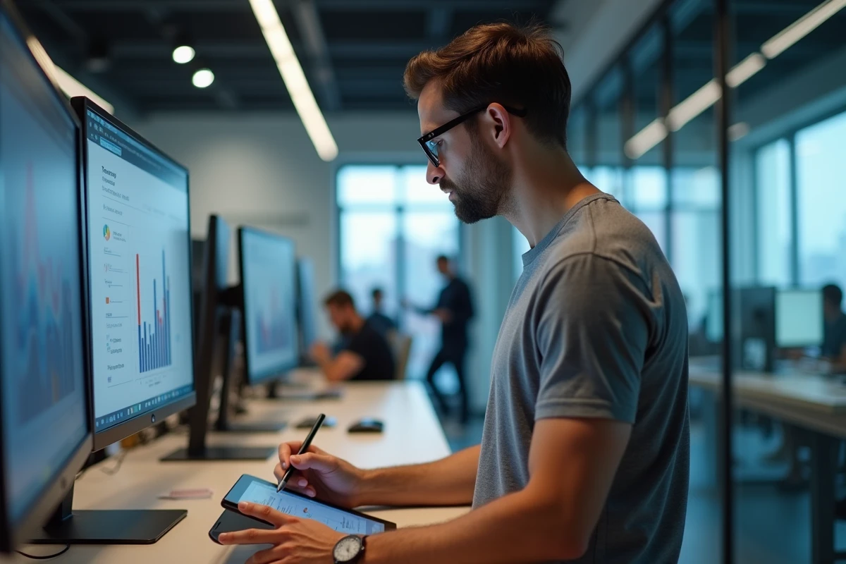 Entrepreneur analysant des données e-commerce sur un écran dans un espace de coworking moderne