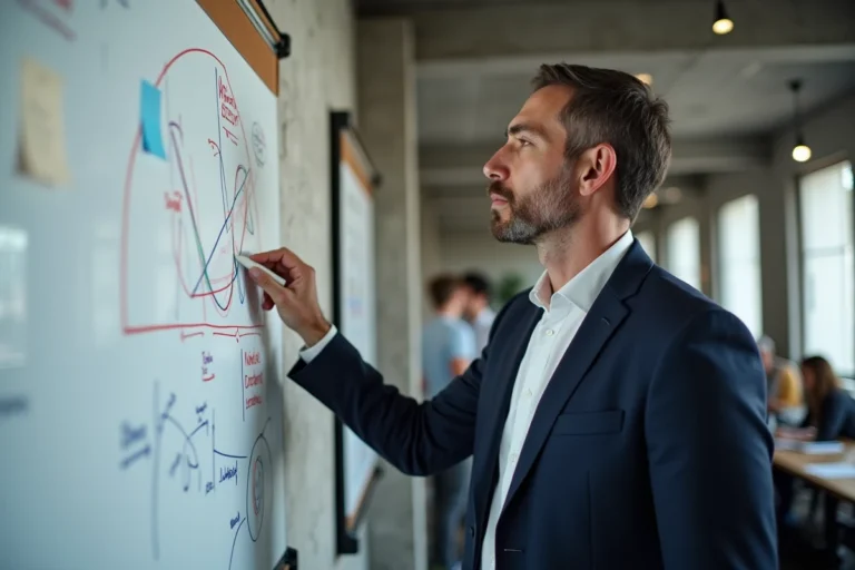 Entrepreneur présentant des courbes d'innovation disruptive sur un tableau blanc dans un laboratoire d'innovation moderne