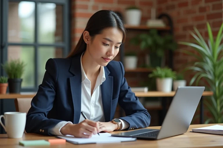 Femme entrepreneure travaillant sur sa stratégie de business en ligne depuis son bureau à domicile