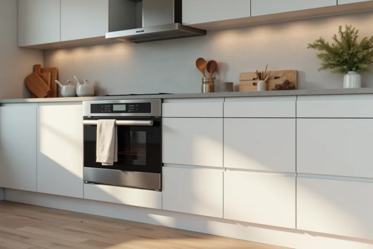 Espacement précis entre un lave-vaisselle et un four encastré dans une cuisine moderne blanche avec plan de travail en quartz