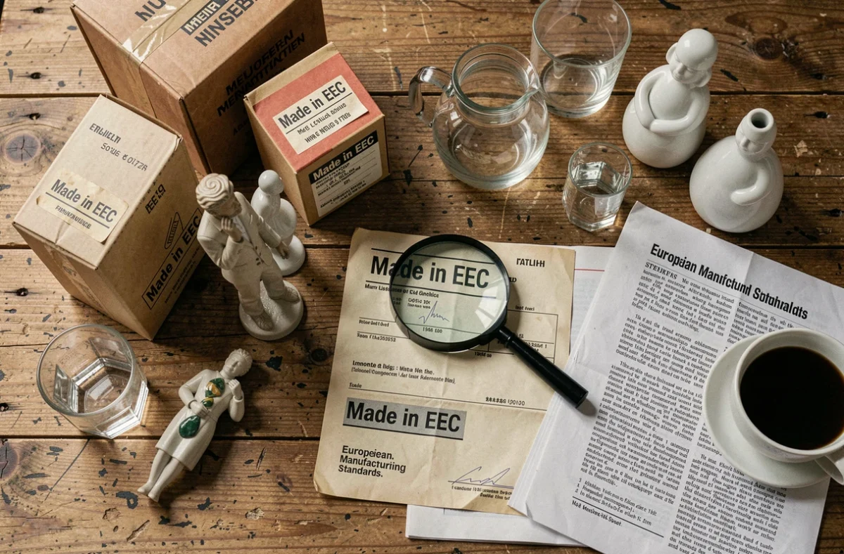 Étiquettes made in EEC sur des produits vintage et documents commerciaux européens posés sur un bureau en bois