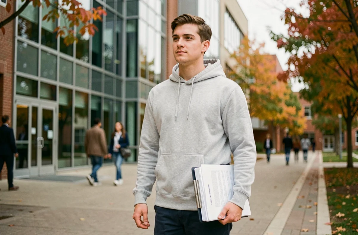 Jeune étudiant devant une école de commerce préparant le concours Sesame tenant un dossier de candidature sur un campus universitaire