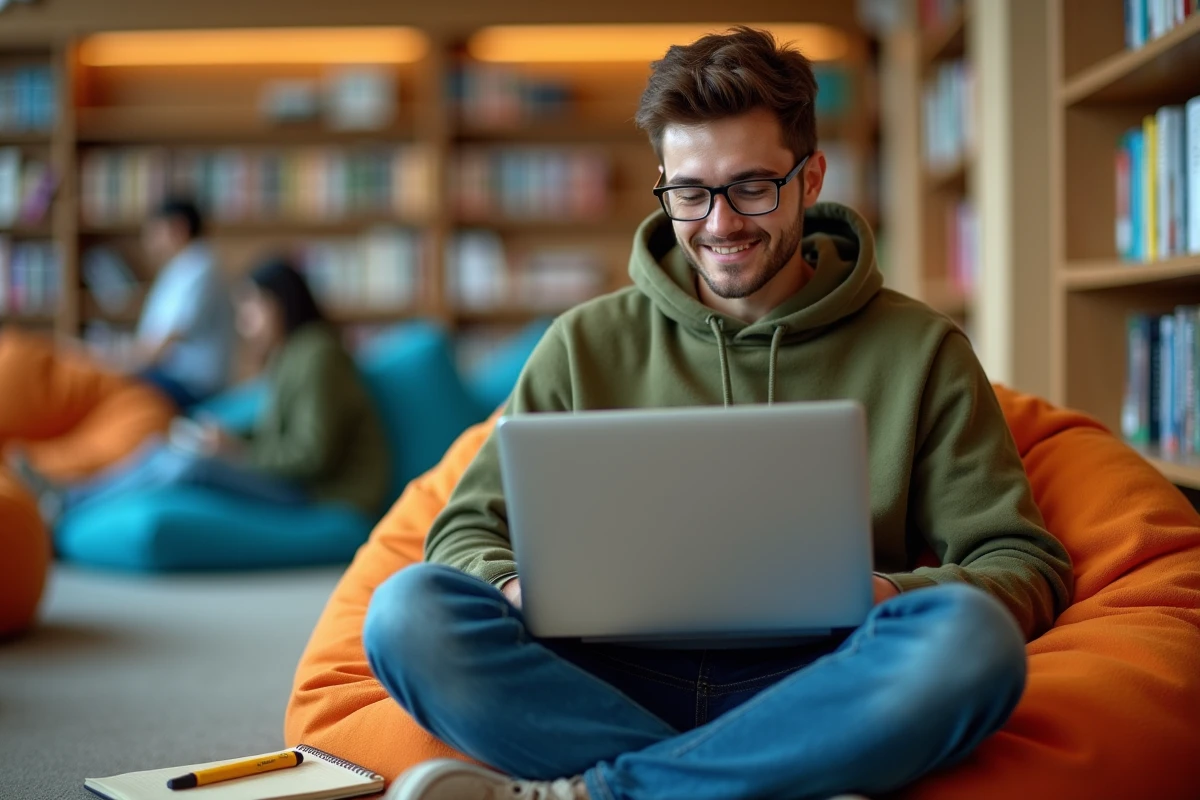 Étudiant en formation numérique travaillant sur un bootcamp de programmation dans un espace de coworking universitaire