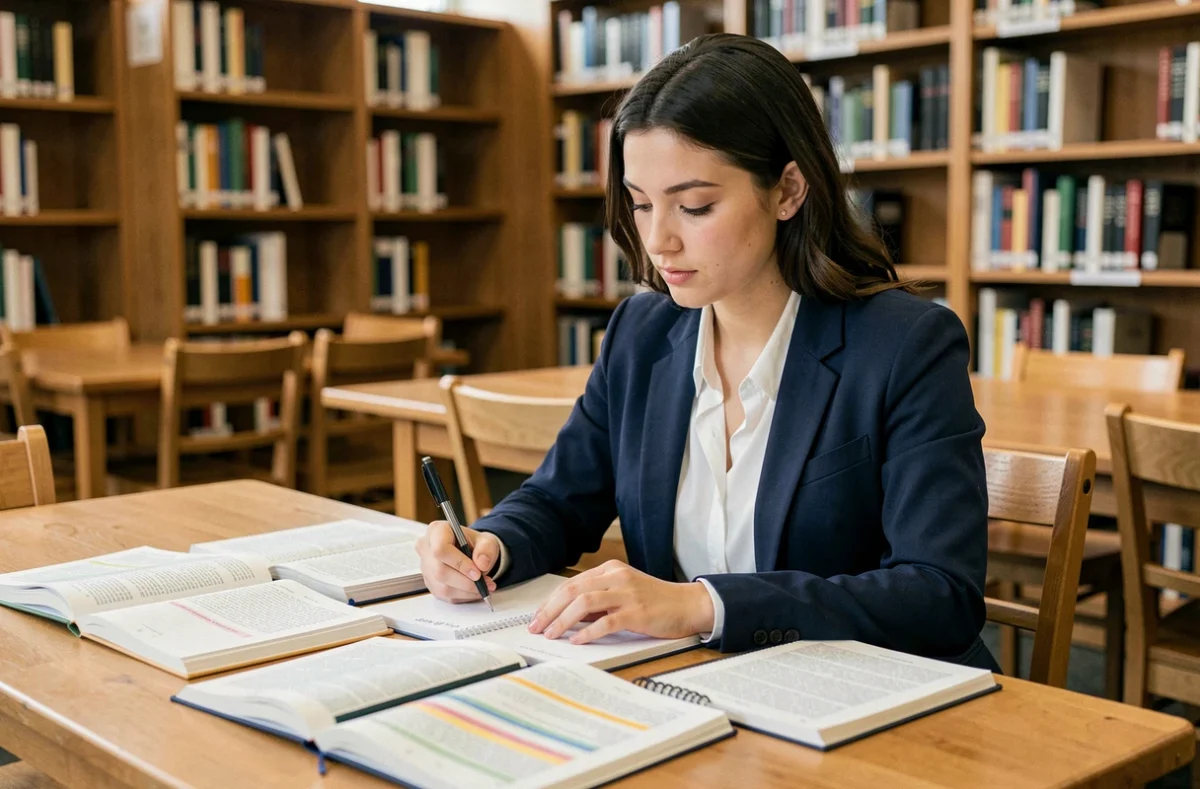 Étudiante en prépa Sesame révisant ses cours dans une bibliothèque universitaire avec des livres et des notes sur son bureau