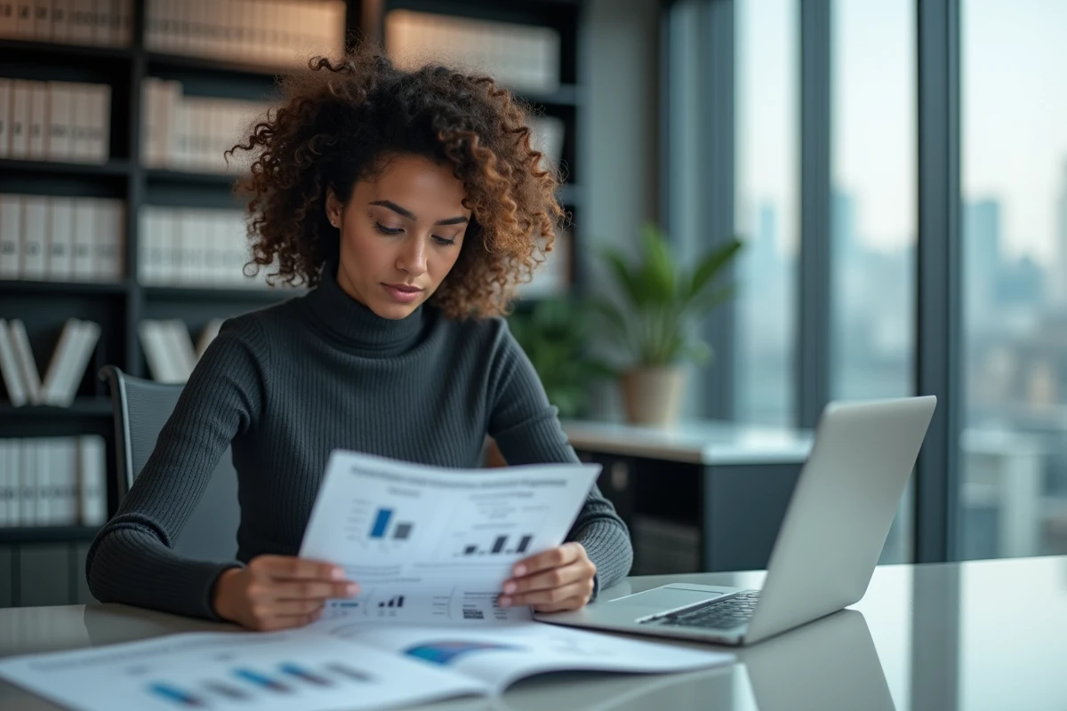 Femme d'affaires analysant un rapport sur l'innovation de rupture et les parts de marché dans un bureau vitré en hauteur