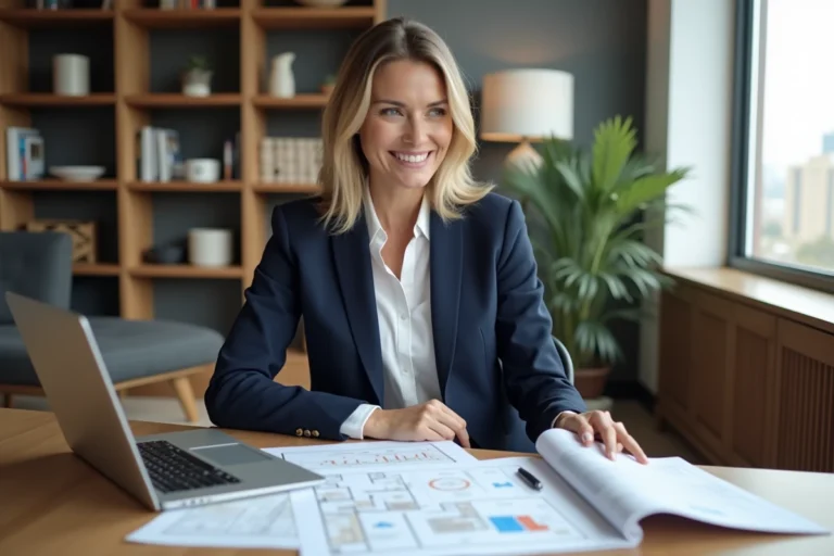 Femme agent immobilière analysant des documents de propriété dans un bureau moderne pour un investissement immobilier réussi en 2024