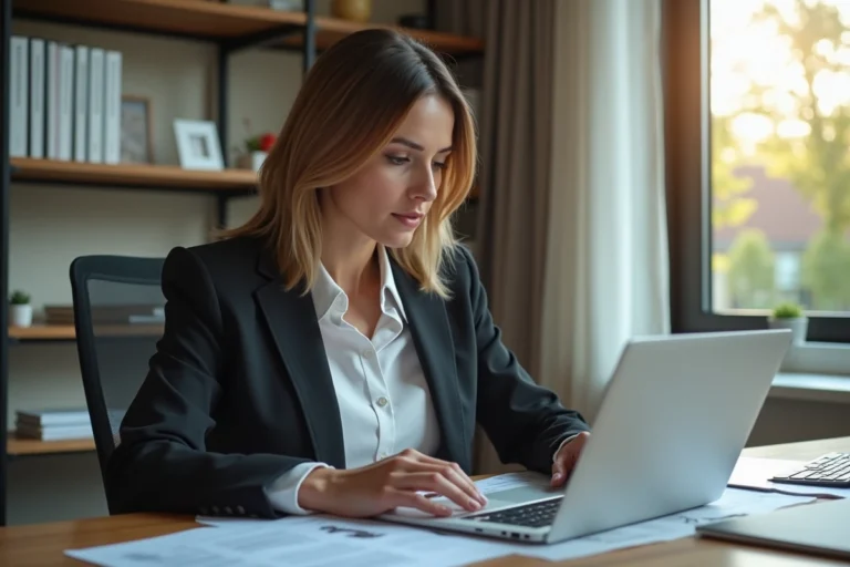 Femme d'affaires dans un bureau moderne en train de consulter des documents financiers