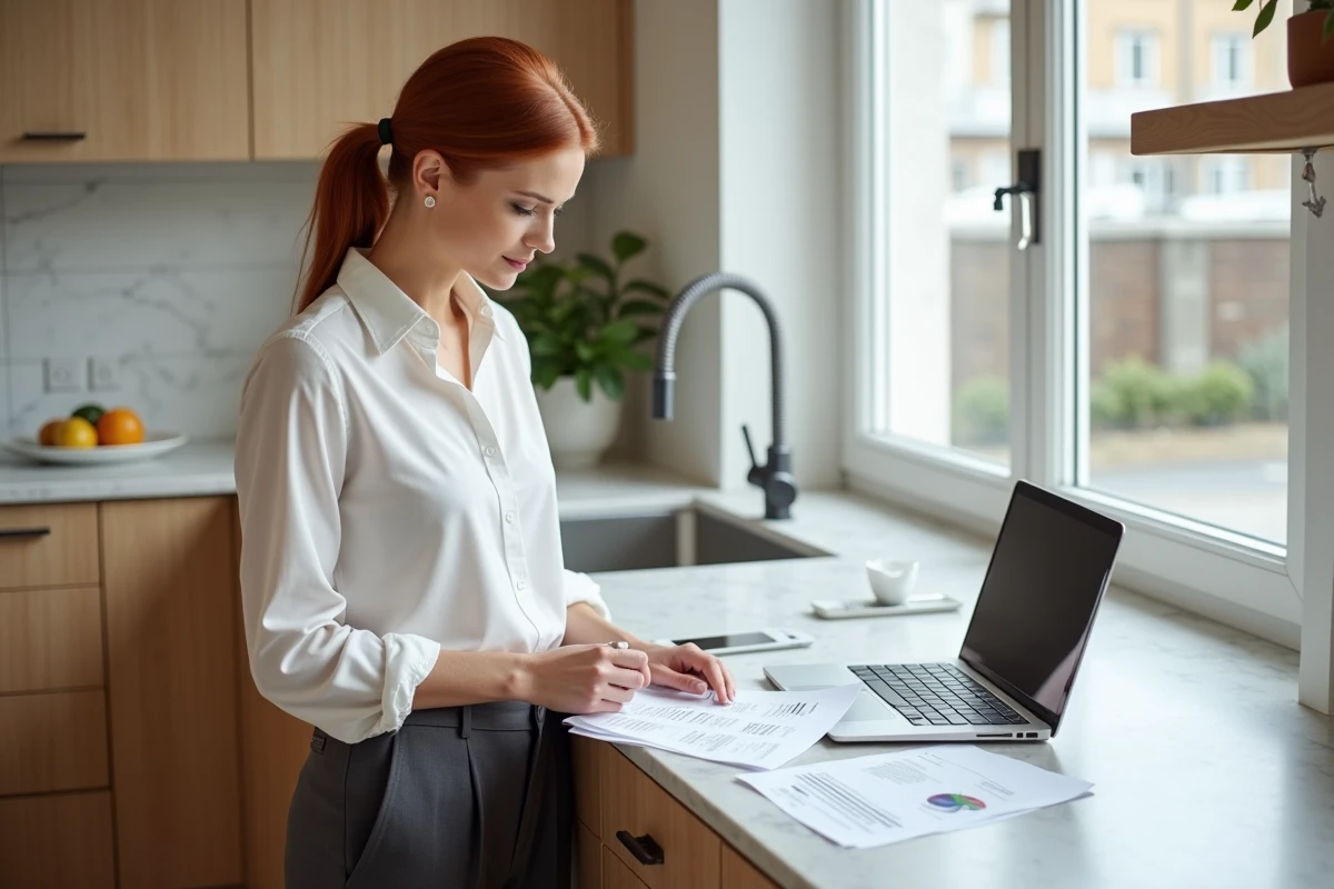 Femme d'âge moyen consultant des offres d'emploi imprimées et en ligne dans une cuisine moderne