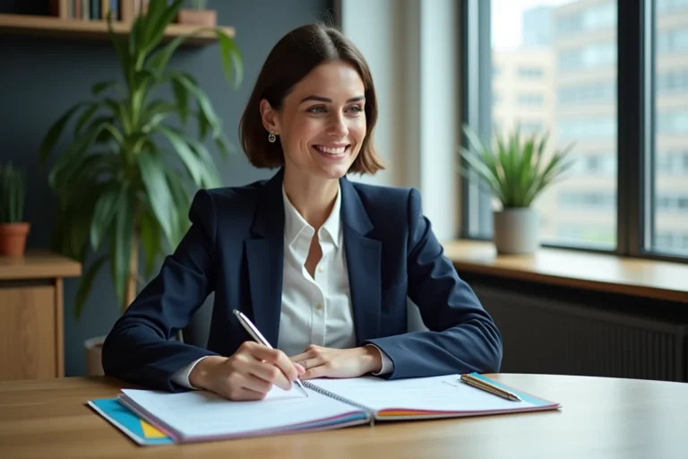 Femme souriante en bureau avec documents immobiliers