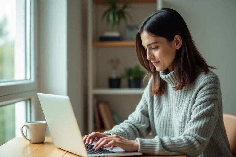 Femme en télétravail recherchant des offres d'emploi en ligne sur un ordinateur portable dans un bureau à domicile moderne