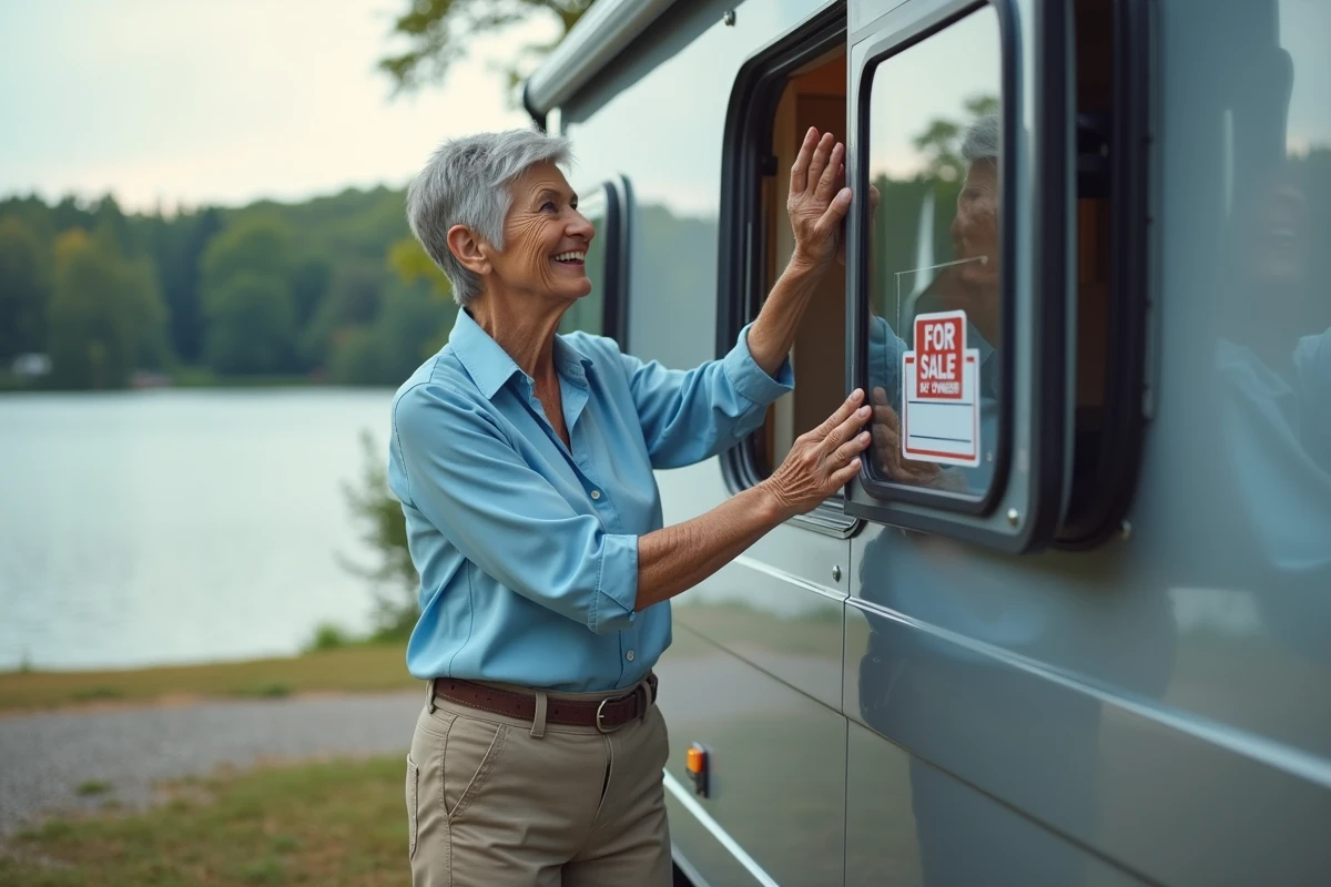 Retraitee posant un panneau de vente sur un camping-car au bord du lac