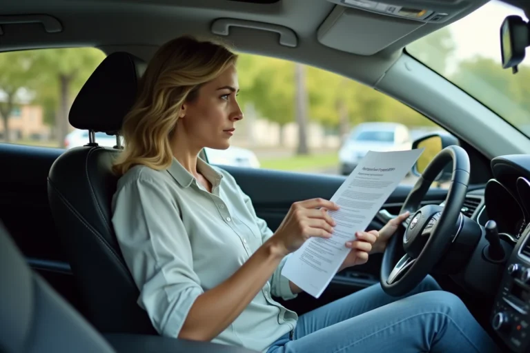 Femme examinant documents d'assurance dans une voiture moderne