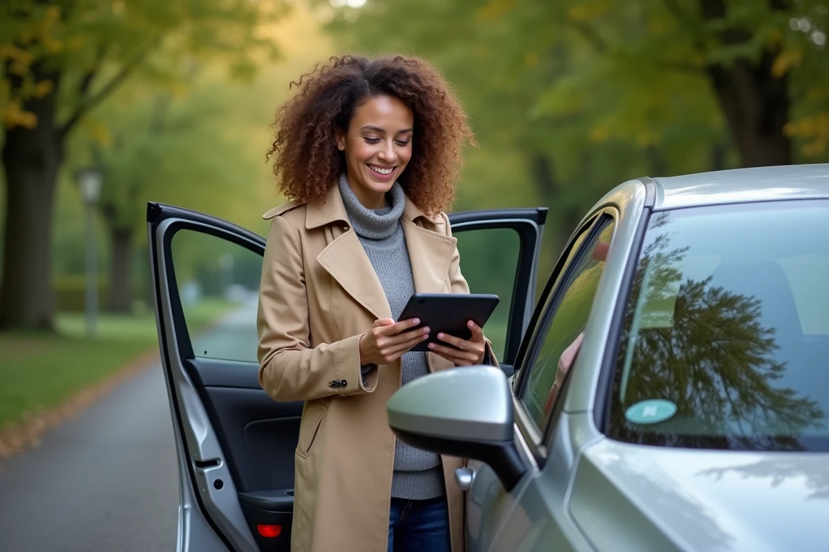 Femme souriante avec tablette près de sa voiture verte