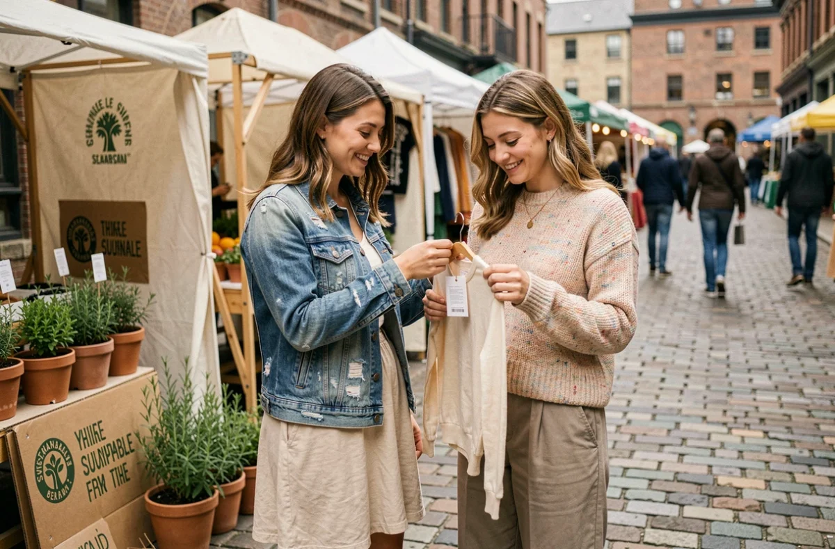 Deux femmes découvrant des vêtements de mode éthique et responsable lors d'un marché éco-fashion en plein air