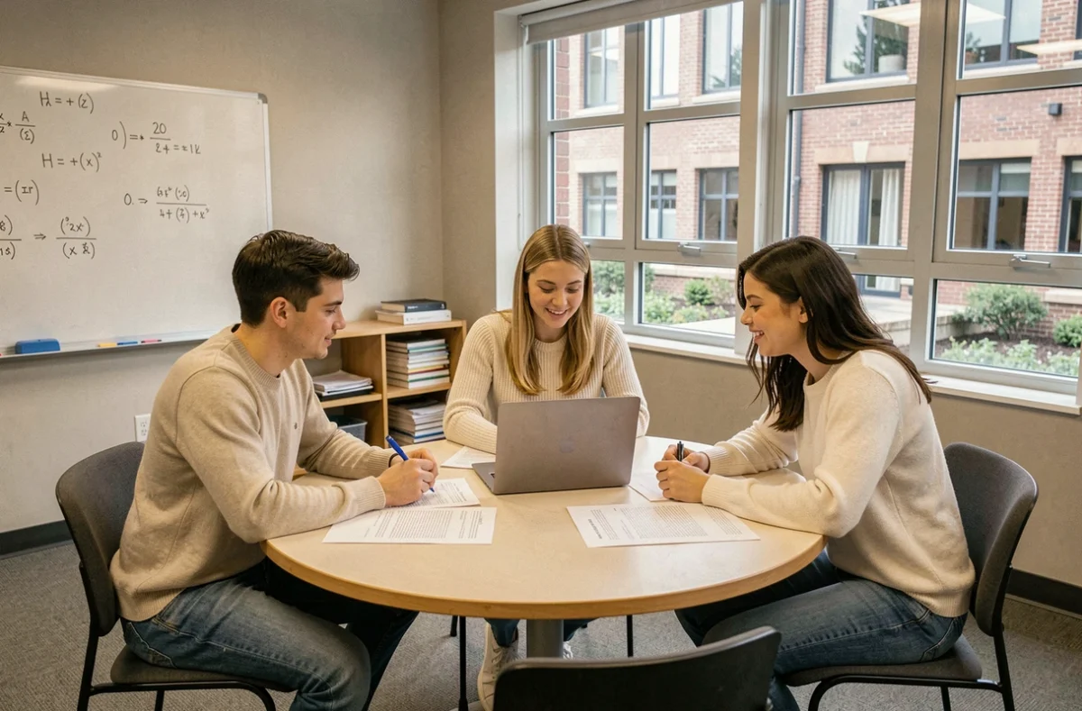 Groupe d'étudiants en prépa Sesame travaillant en équipe dans une salle de classe moderne avec un ordinateur portable et des documents
