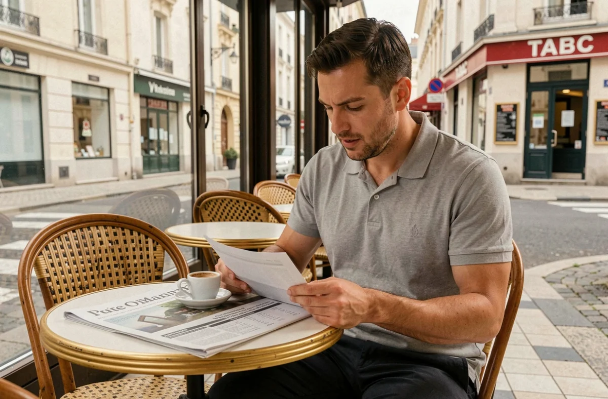 Homme consultant son budget dans un café de ville française au coût de la vie réduit