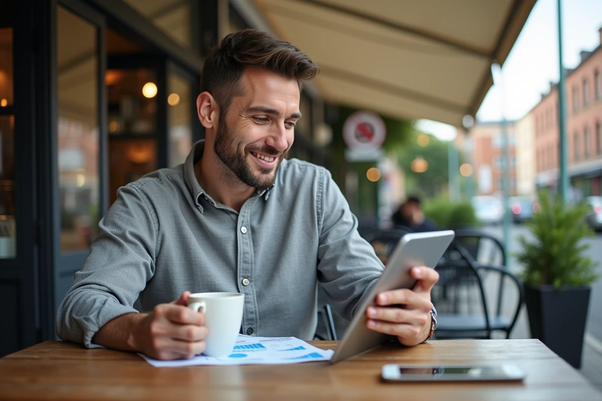Homme détendu au café étudiant des graphiques sur une tablette