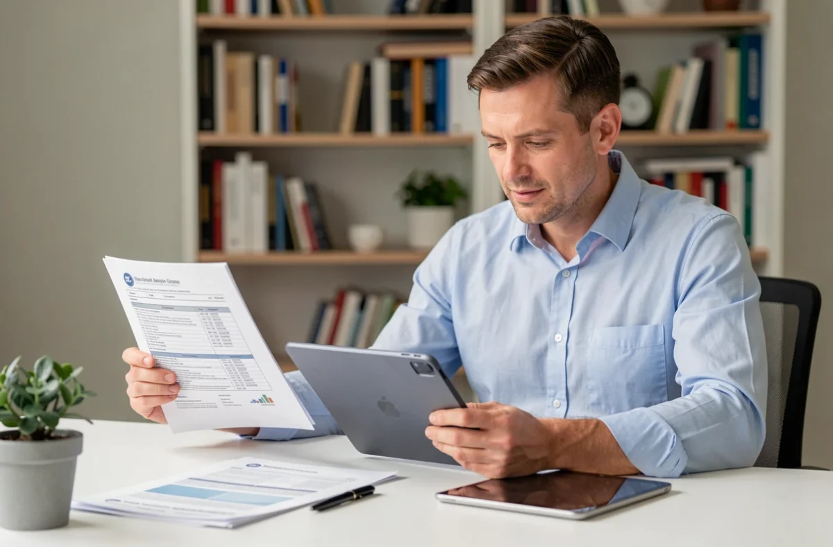 Homme consultant des documents d'assurance habitation et comparant des offres en ligne sur une tablette