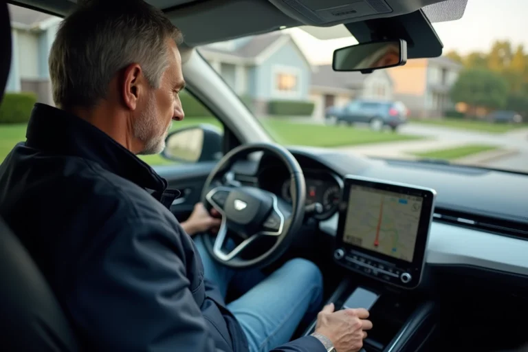 Homme concentré utilisant le GPS dans sa voiture moderne